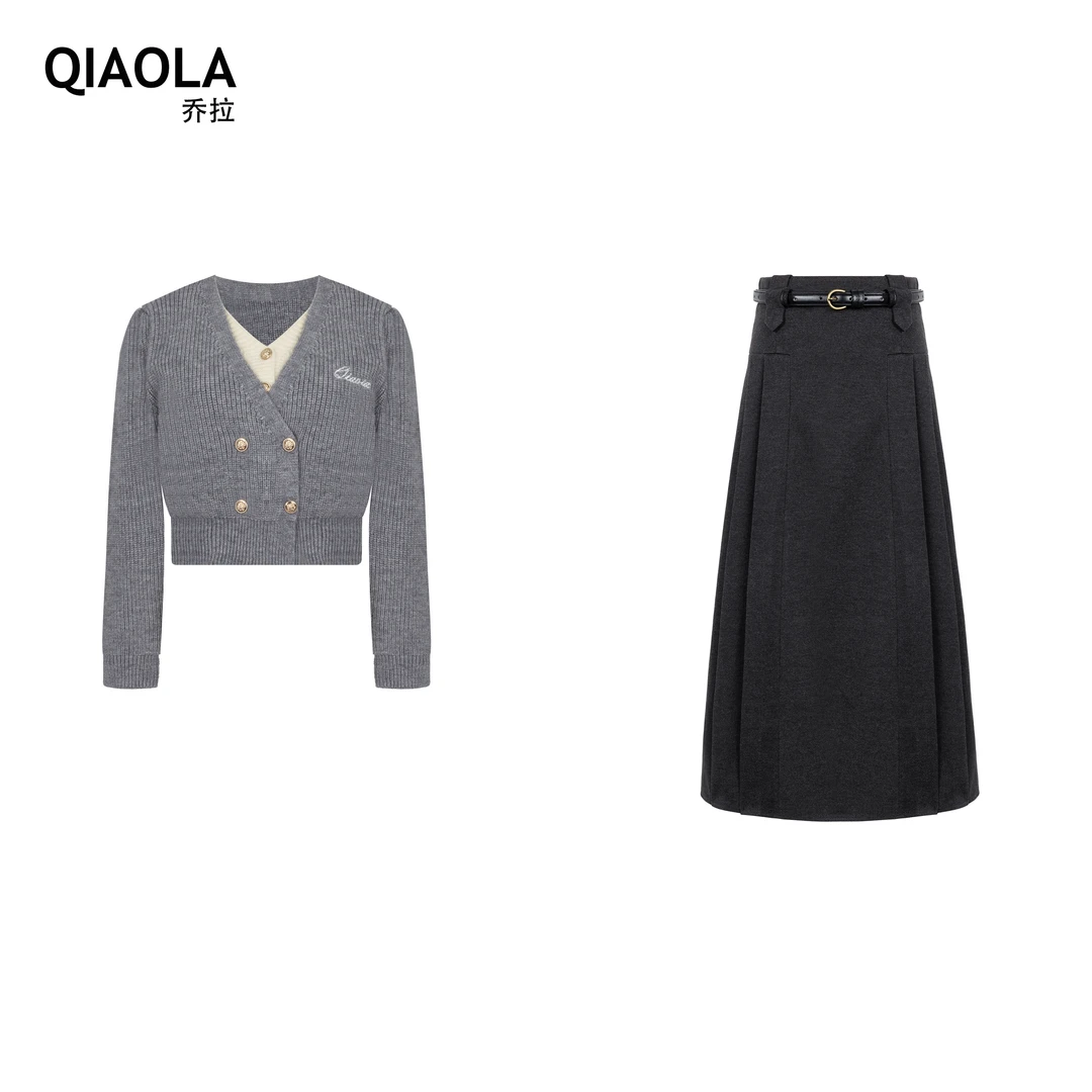QIAOLA/乔拉【皇家学院】秋冬款定制坑条毛织假两件时尚套装预售