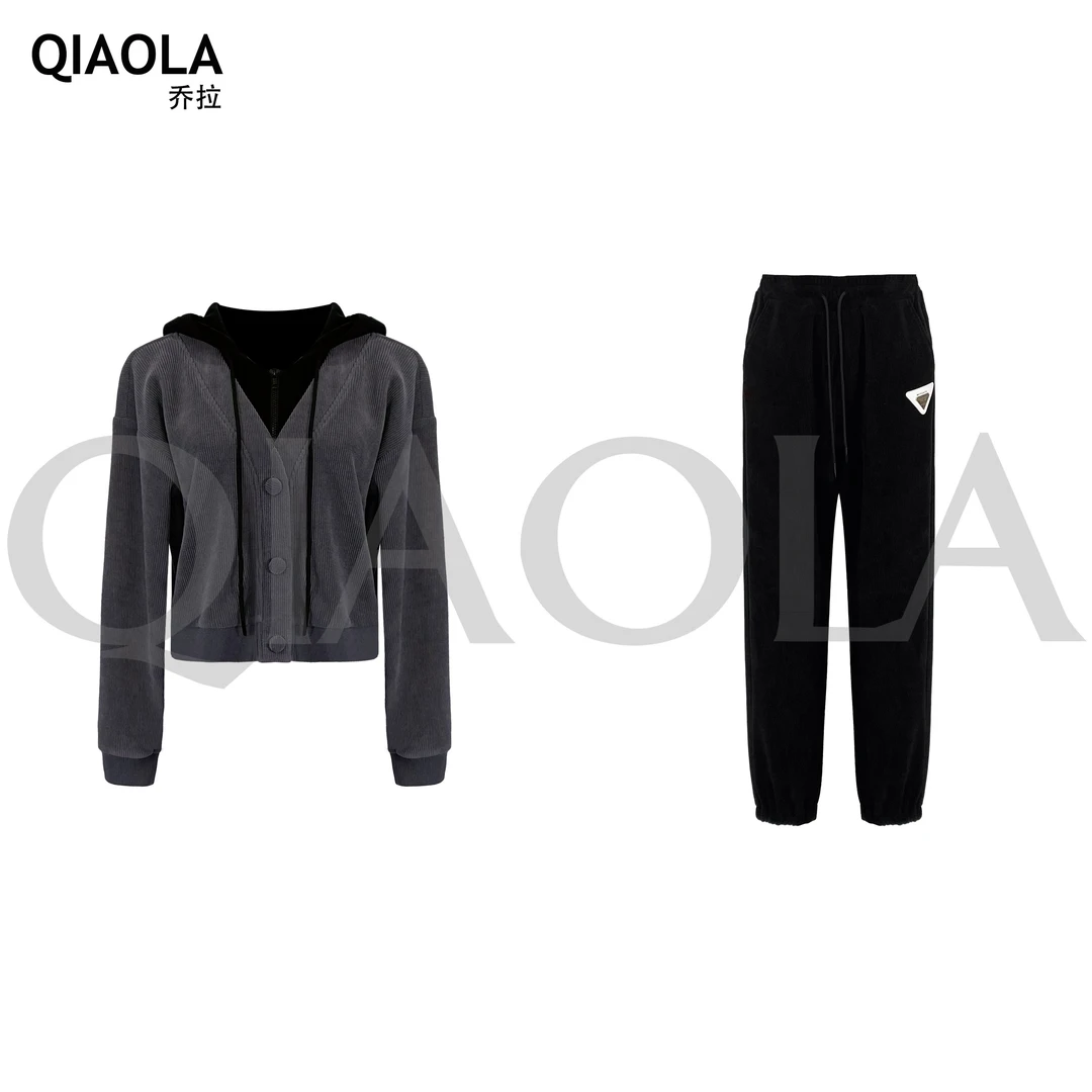 QIAOLA/乔拉【西野暮色】小众设计秋冬款连帽坑条加绒时尚套装预售