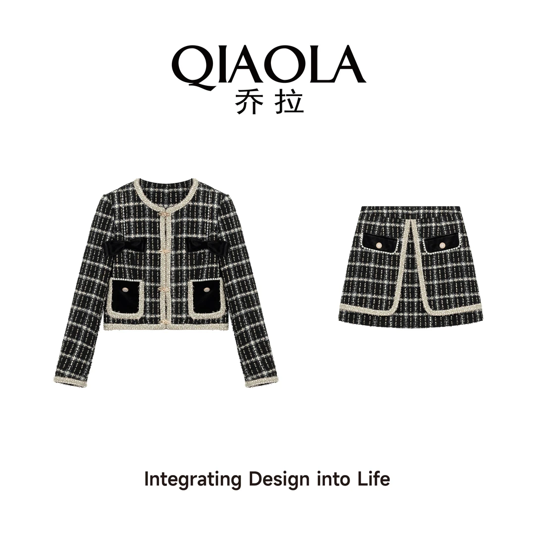 QIAOLA/乔拉【巴黎明珠】秋冬款小香风圆领显瘦百搭时尚套装预售