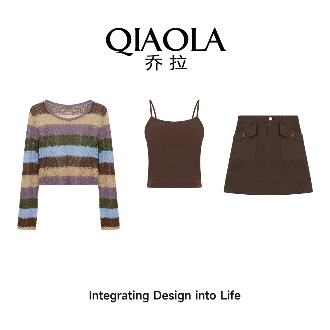 QIAOLA/乔拉【茶胭紫雾】秋夏季镂空条纹毛织长袖慵懒休闲套装