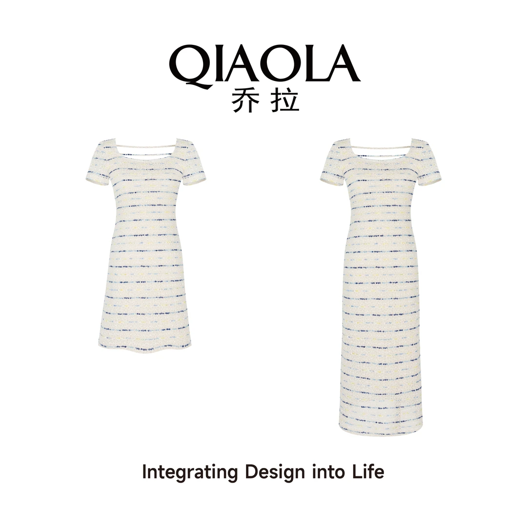 QIAOLA/乔拉【盛夏晴空】夏季条纹方领法式减龄显瘦百搭连衣裙