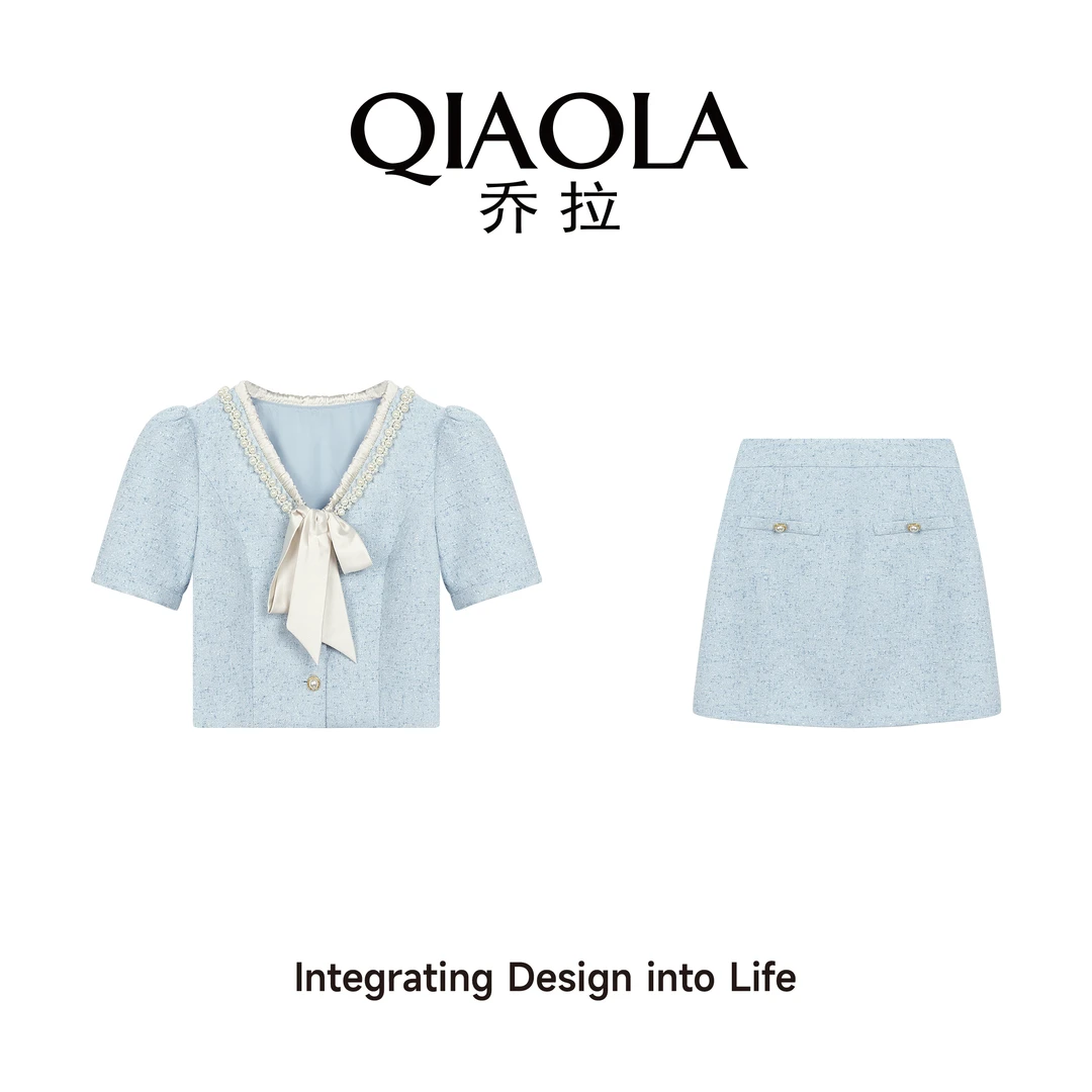 QIAOLA/乔拉【冰岛百合】夏季小香风珍珠V领绑带轻奢减龄套装