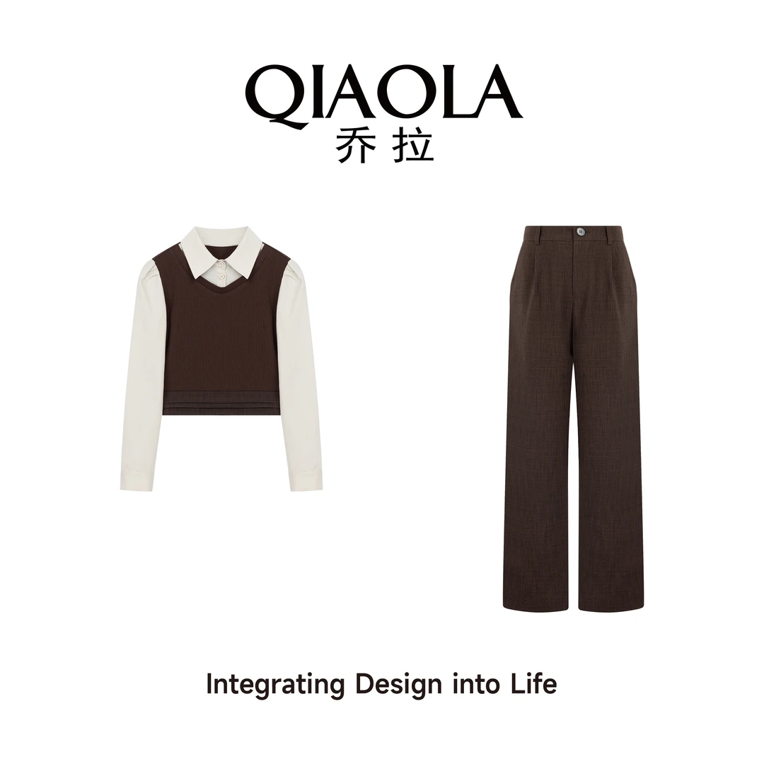 QIAOLA/乔拉【可可恋人】秋季梭织假两件翻领美拉德A版时尚套装预售