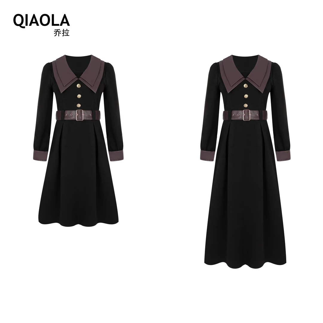 【胡桃记录】小众设计冬款定制细格纹毛呢拼接皮革双层领轻奢连衣裙