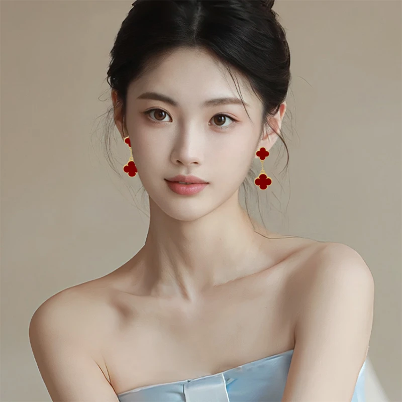 铜合金亚克力耳饰 红色高端独特上班族女人味耳环时尚四叶草耳钉