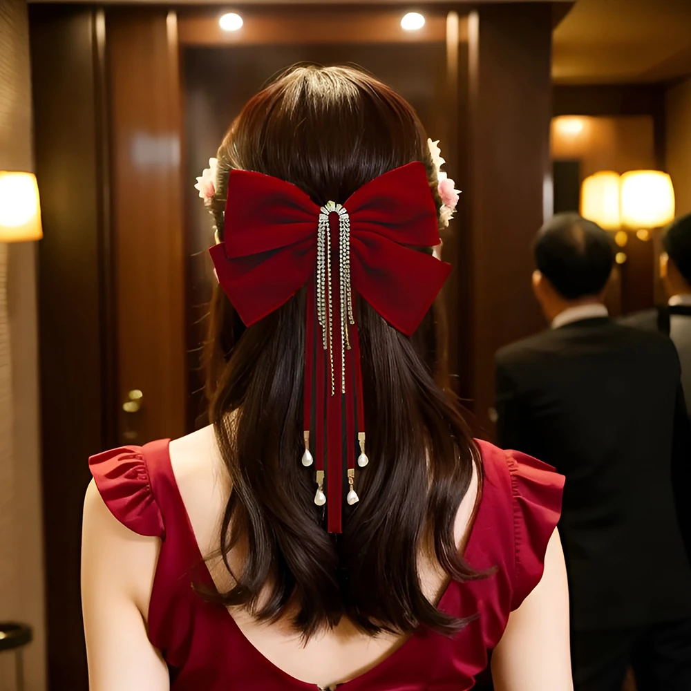 红色大号蝴蝶结头饰发夹女新娘结婚敬酒服订婚发卡2023年新款夹子