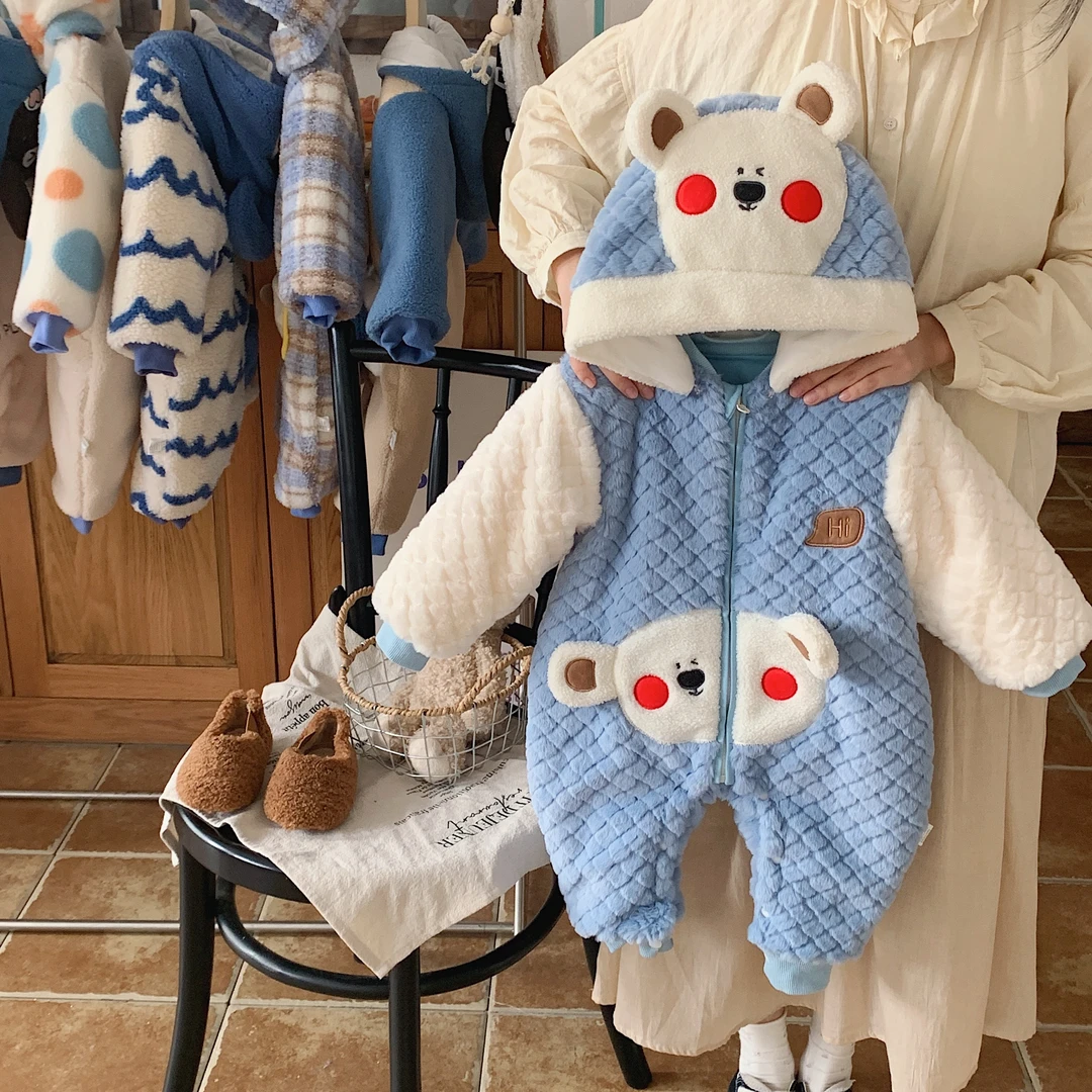 【Q113】婴幼儿衣服秋冬连体衣加厚毛毛保暖带帽可外穿帽子可拆