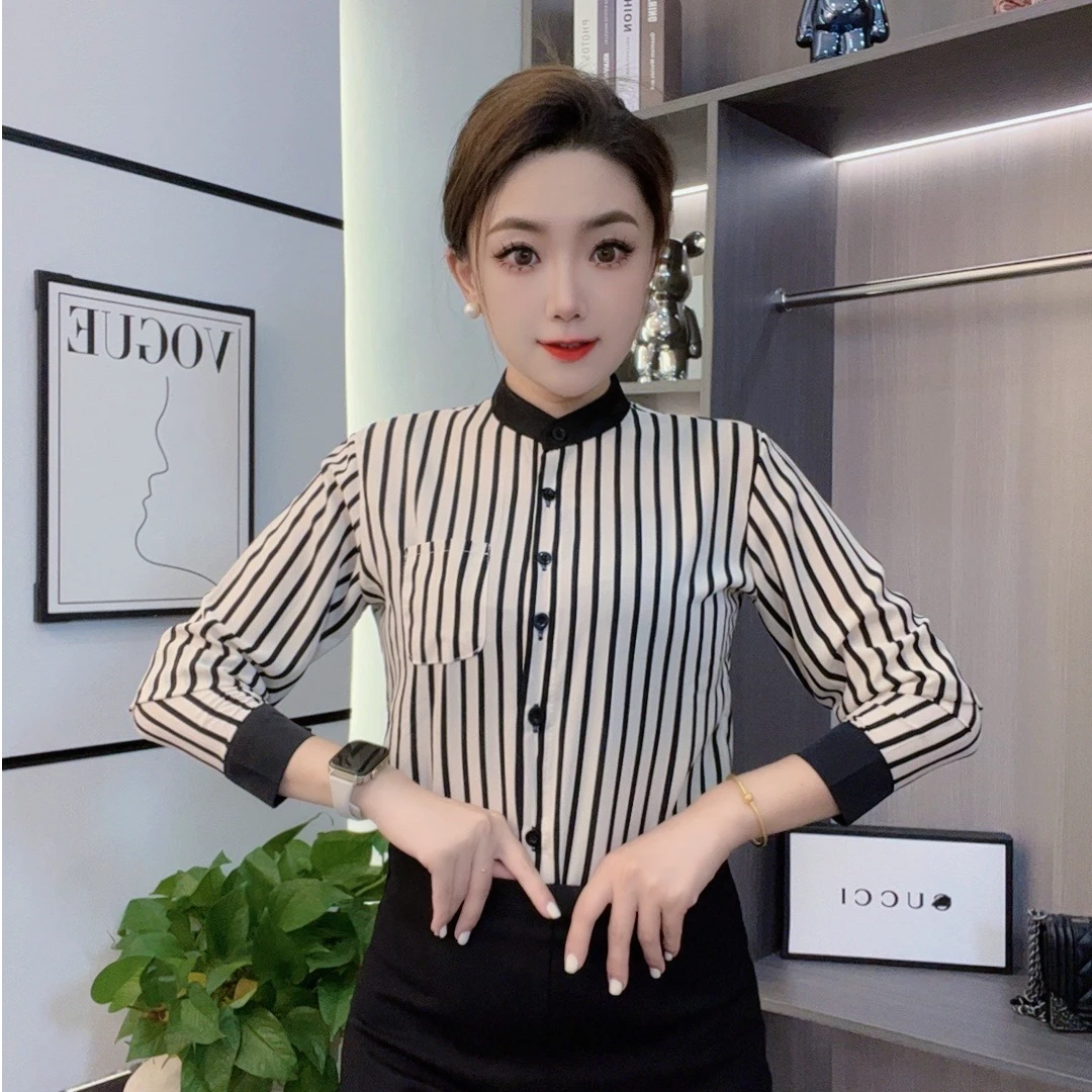 2024早秋新款时尚百搭条纹时尚洋气女衬衫8029