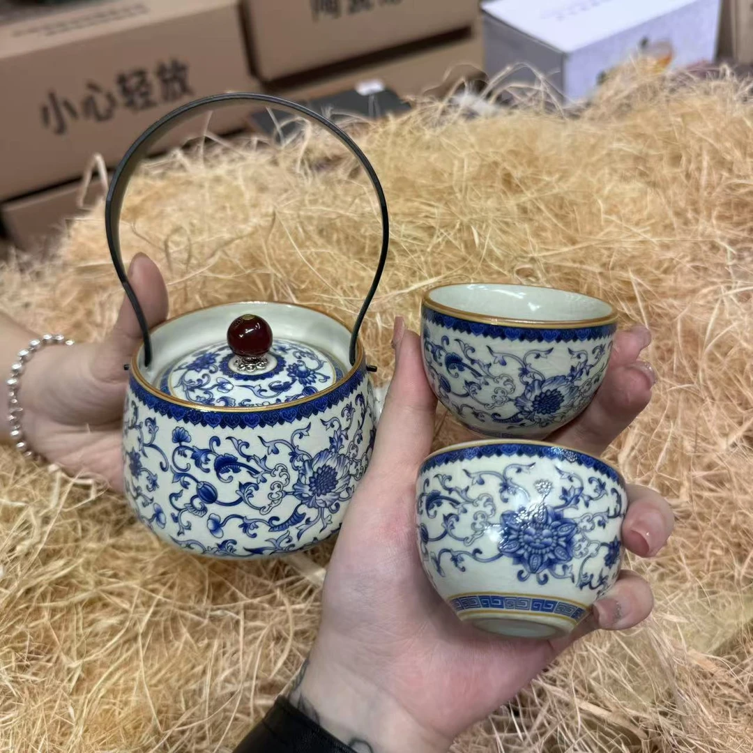 【闪购商品】米黄汝窑缠枝莲提梁茶壶加俩杯  2536×2+2537