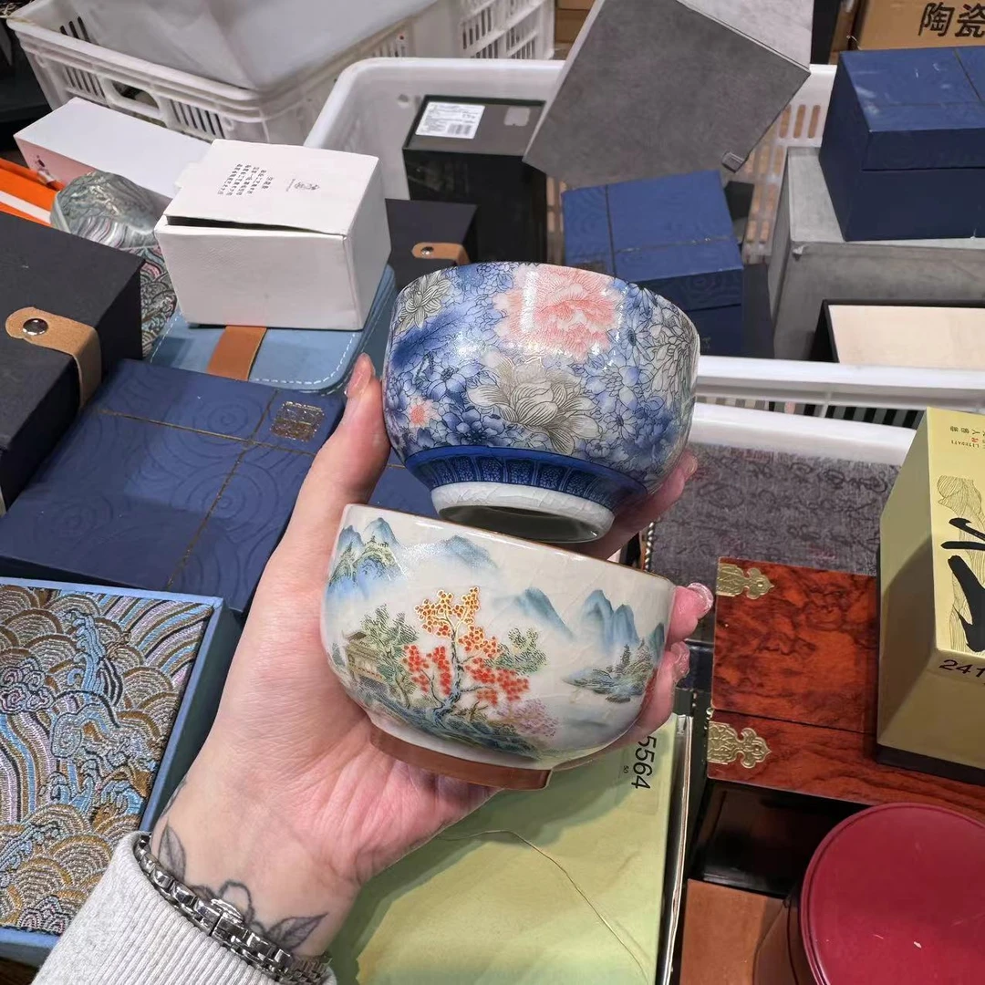 汝窑开片江南景色古铜币主人杯加青花古铜币主人杯  LL004