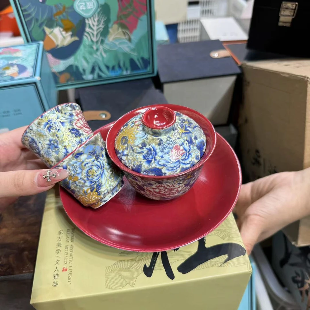 衡山社珐琅宫廷红三才盖碗加俩杯  2411+24122g