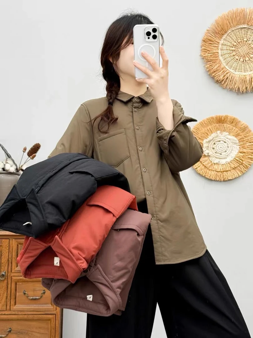 纯色加棉衬衫2024秋冬新款百搭文艺翻领衬衫保暖宽松小棉衣