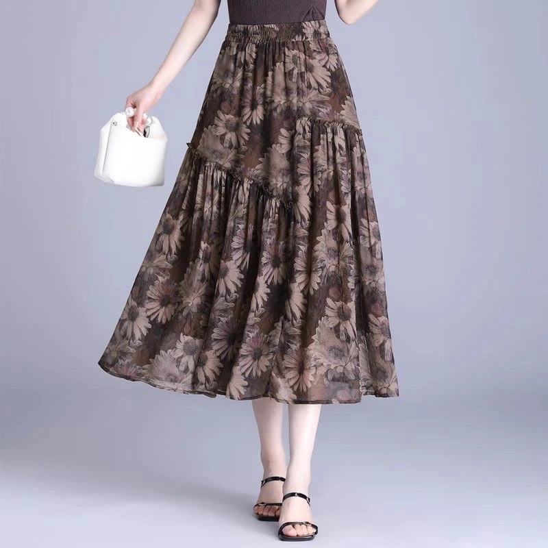 雪纺印花显瘦半身裙夏季2024松紧腰大摆裙长款百褶裙百搭大码裙子