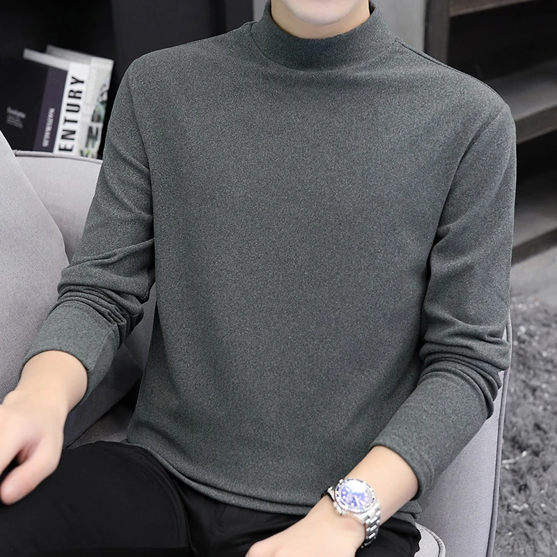 长袖2024新款百搭秋冬休闲男装纯色双面德绒半高领打底衫上衣宽松
