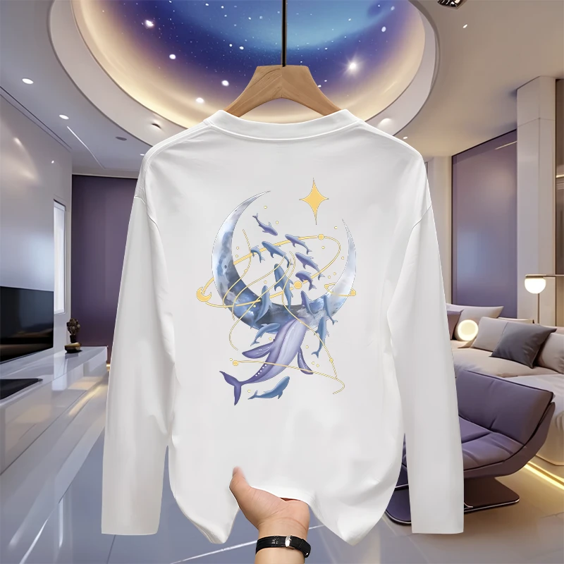 重磅纯棉潮牌T恤男痞帅新款星空月亮鲸鱼上游潮流情侣装宽松长袖