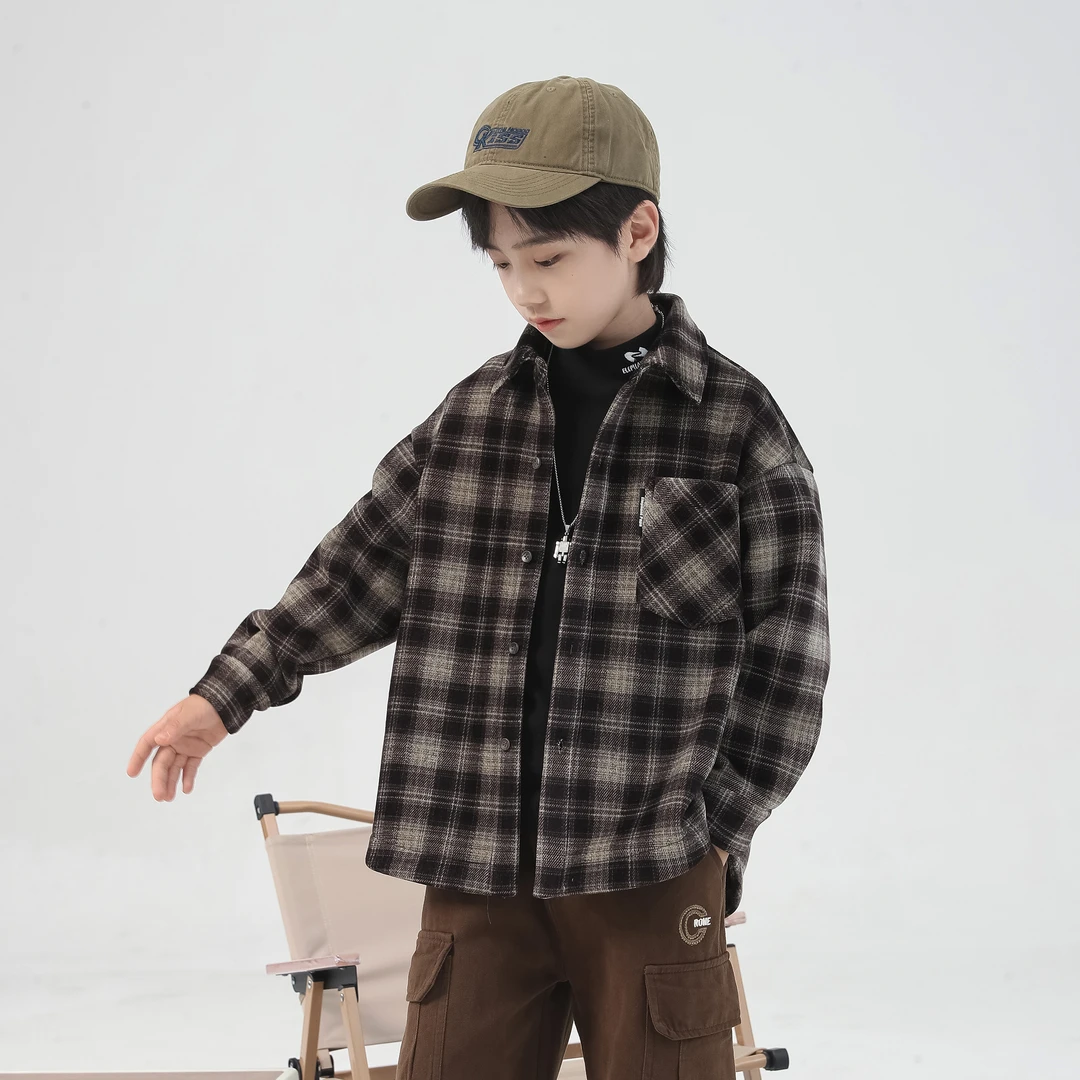 （现货）男童加绒衬衫长袖秋冬款2025新款格子衬衣冬装男孩上衣潮