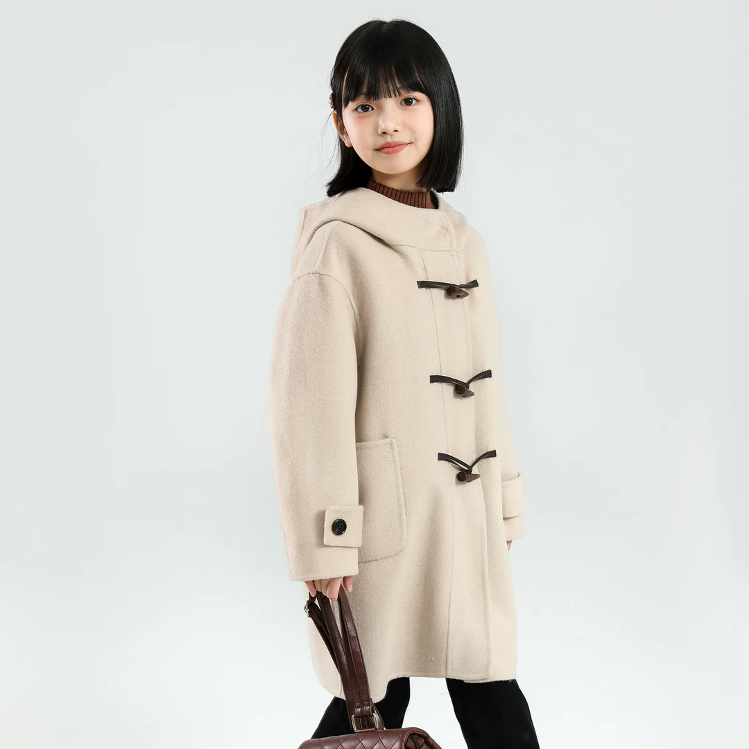 【70毛高定款】象小爸女童25秋冬新款牛角扣双面呢长款三色毛呢外套