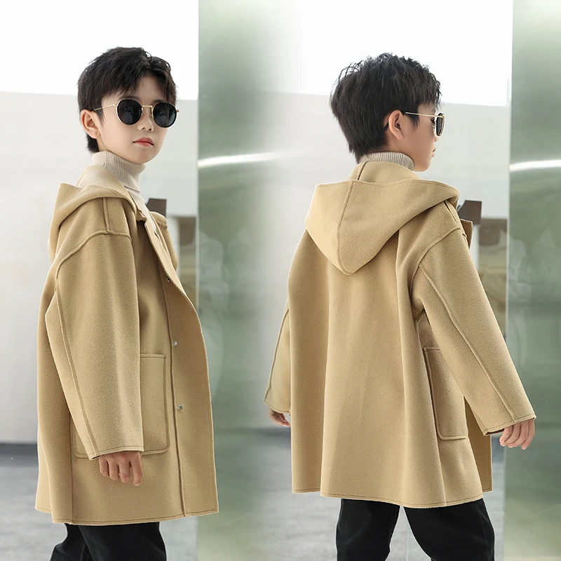 象小爸童装【连帽呢子大衣】2025中长款呢外套男童双面夏款外套