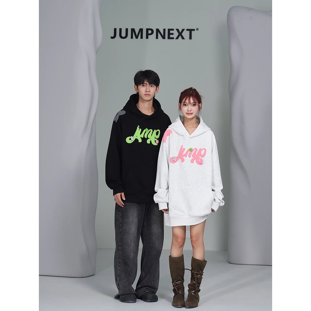JUMPNEXT美式嘻哈发泡印花卫衣个性手缝刺绣花情侣连帽衣帽衫男女