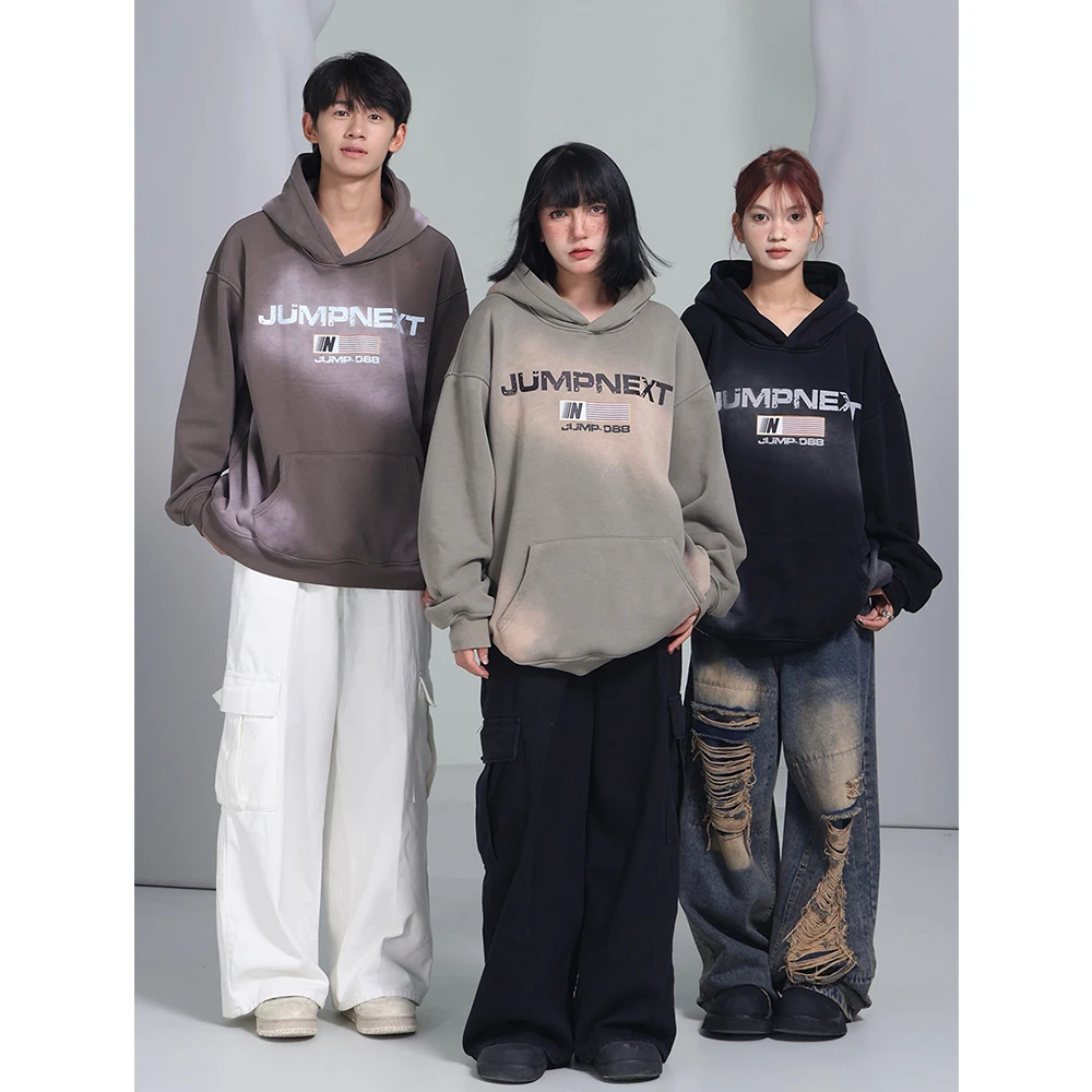 JUMPNEXT国潮牌秋冬卫衣男女连帽休闲美式复古洗水印花帽衫套头