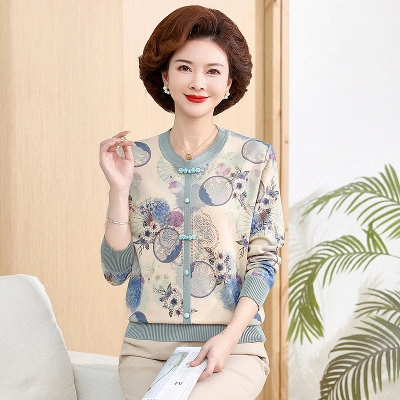 2025妈妈装秋季新中式弹力针织衫长袖上衣中老年女装国风打底小衫