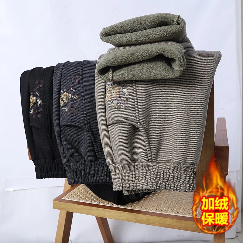 2025妈妈装秋冬季加绒加厚高腰直筒裤中老年女装休闲裤保暖裤子