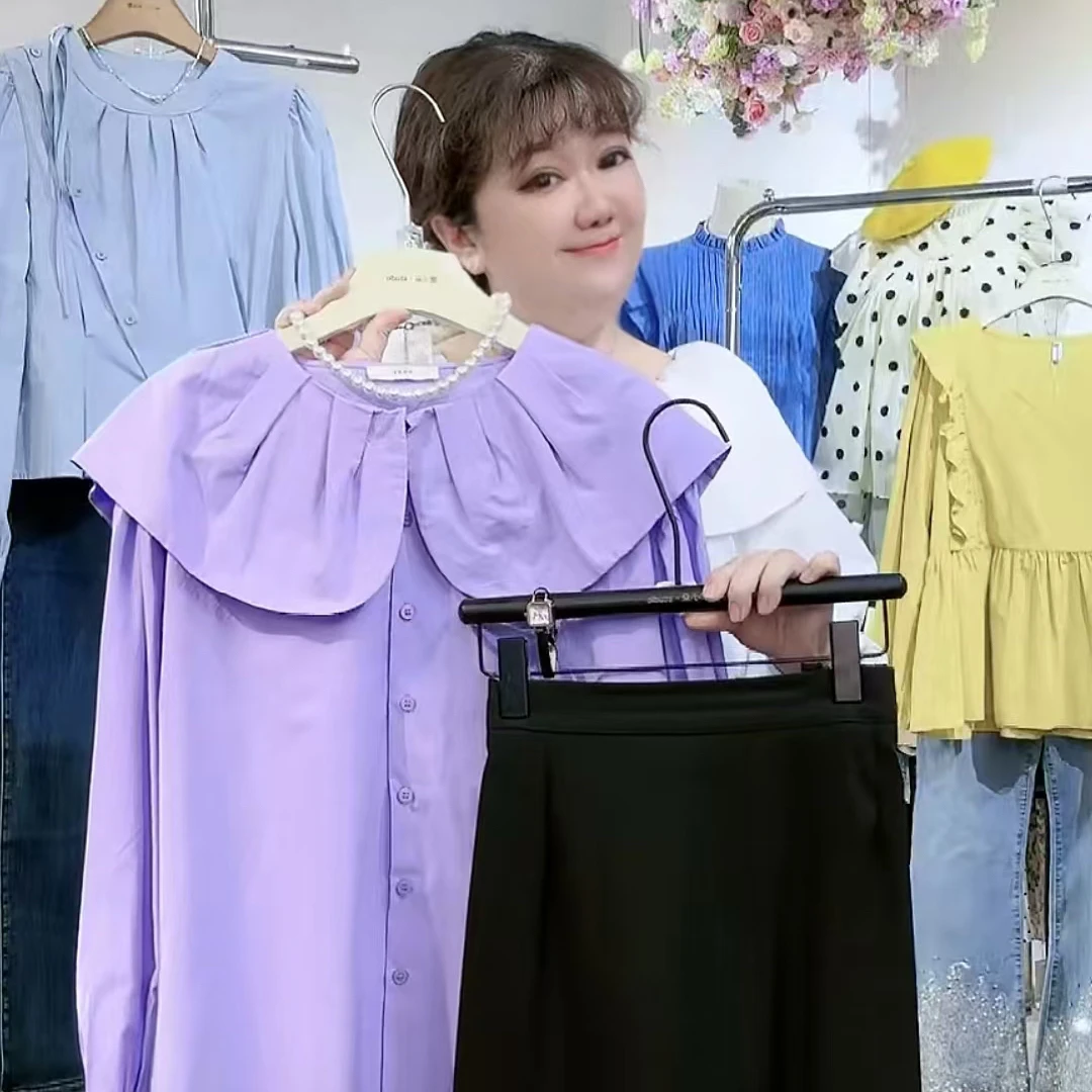 0068娃娃领衬衫女秋季宽松百搭小个子设计感衬衣长袖套装