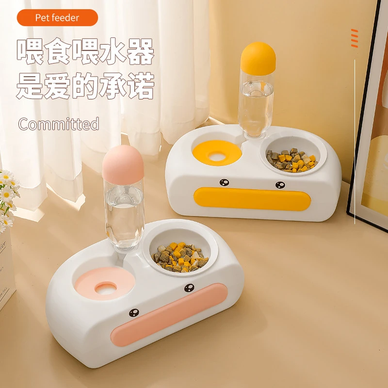 家用猫碗塑料双碗自动饮水防漏食塑料碗不湿嘴护颈喝水喂食一体