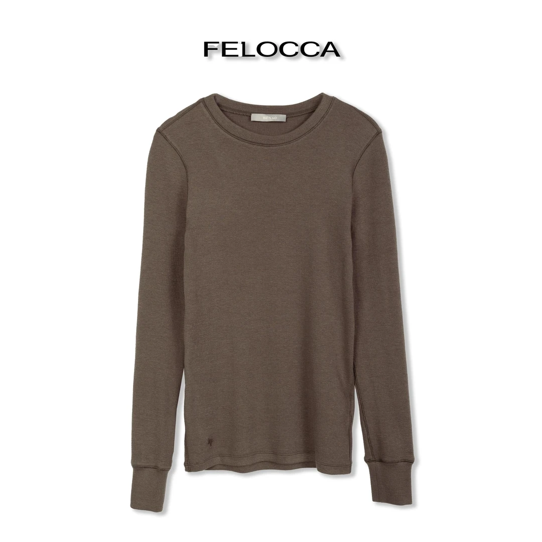 【FELOCCA】新款T恤简约叠穿正肩显瘦加绒圆领拼皮打底衫CC2346