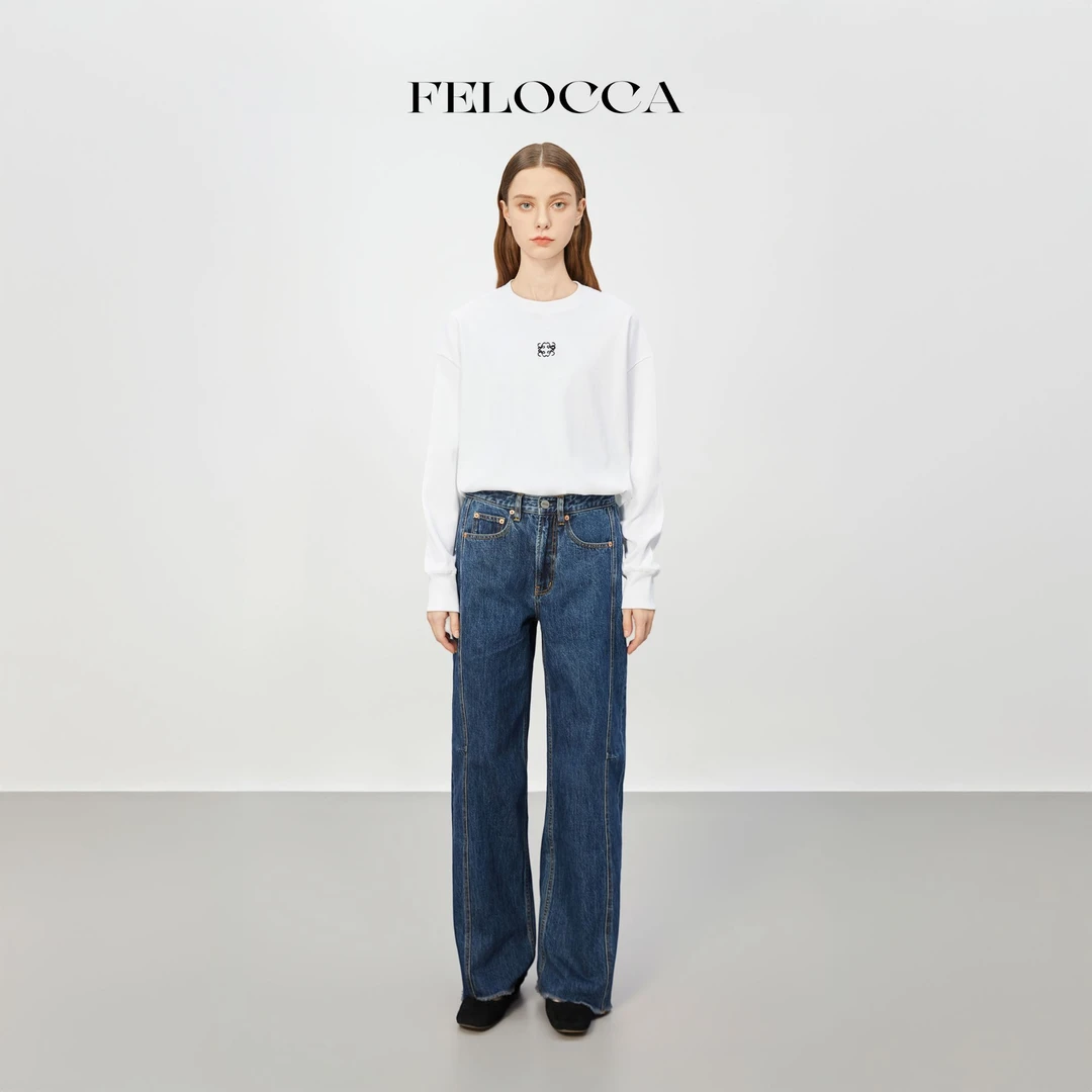 【FELOCCA】冬季新款斜线分割阔腿牛仔裤      CC2419