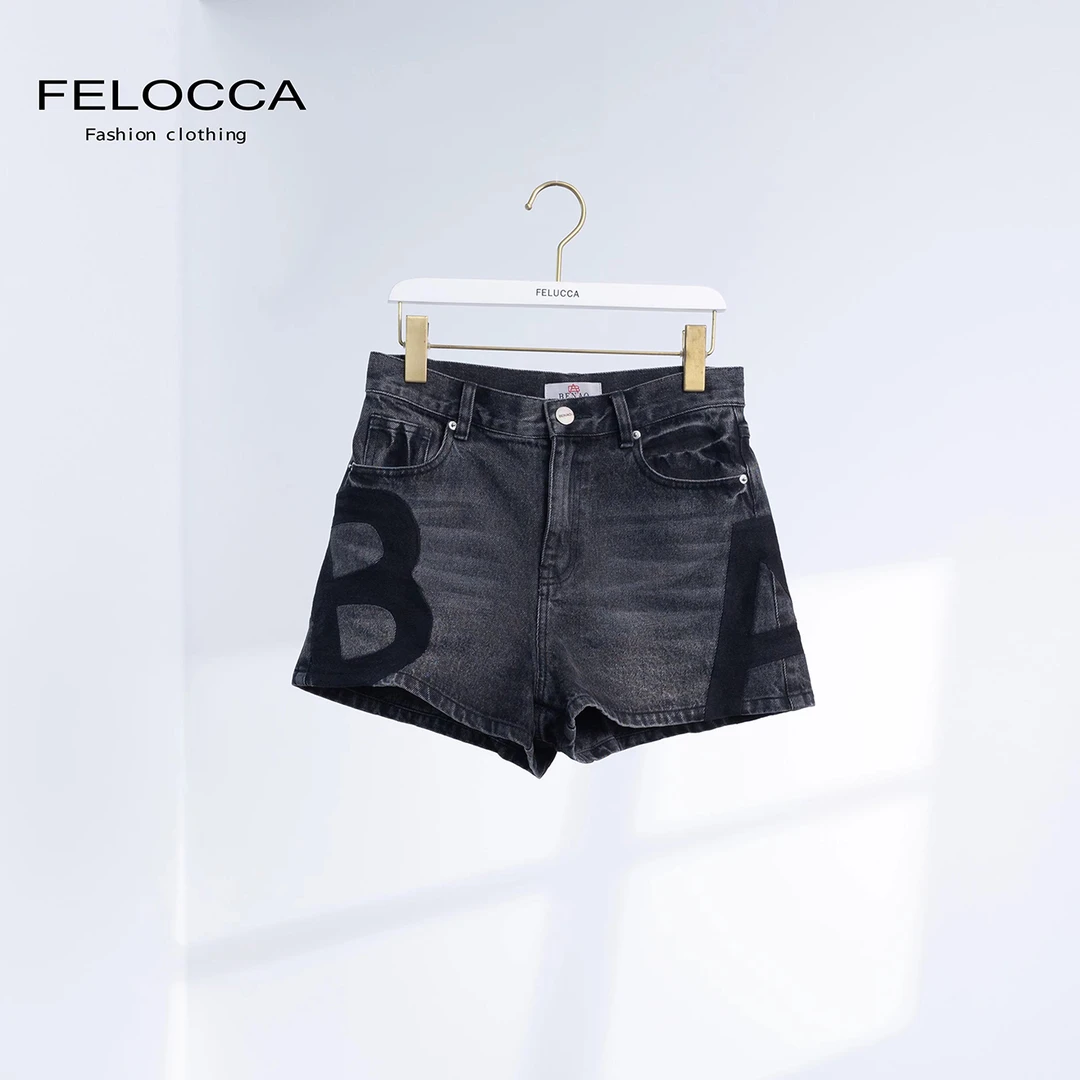 NO退NO换【FELOCCA】夏季时尚百搭黑色A字版型B字母牛仔短裤9400-2