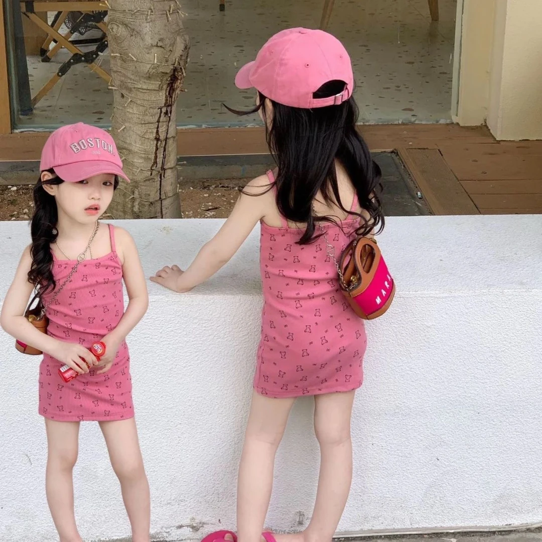 女童韩版卡通吊带裙2024夏新款小熊印花中长裙裙子可爱连衣裙休闲