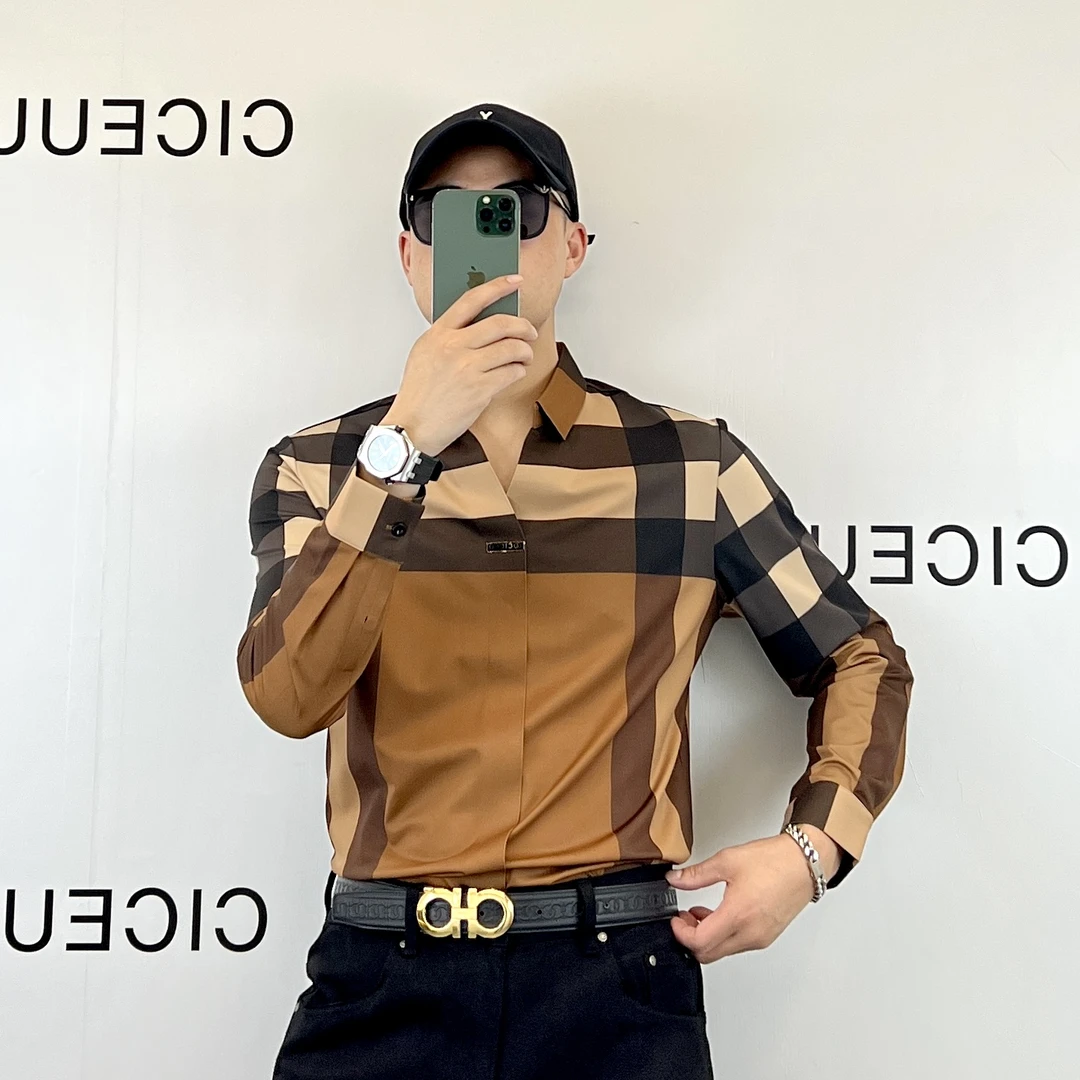 【仟旺赞男装】男士休闲百搭秋冬格子拼色V领显瘦加绒加厚长袖衬衫