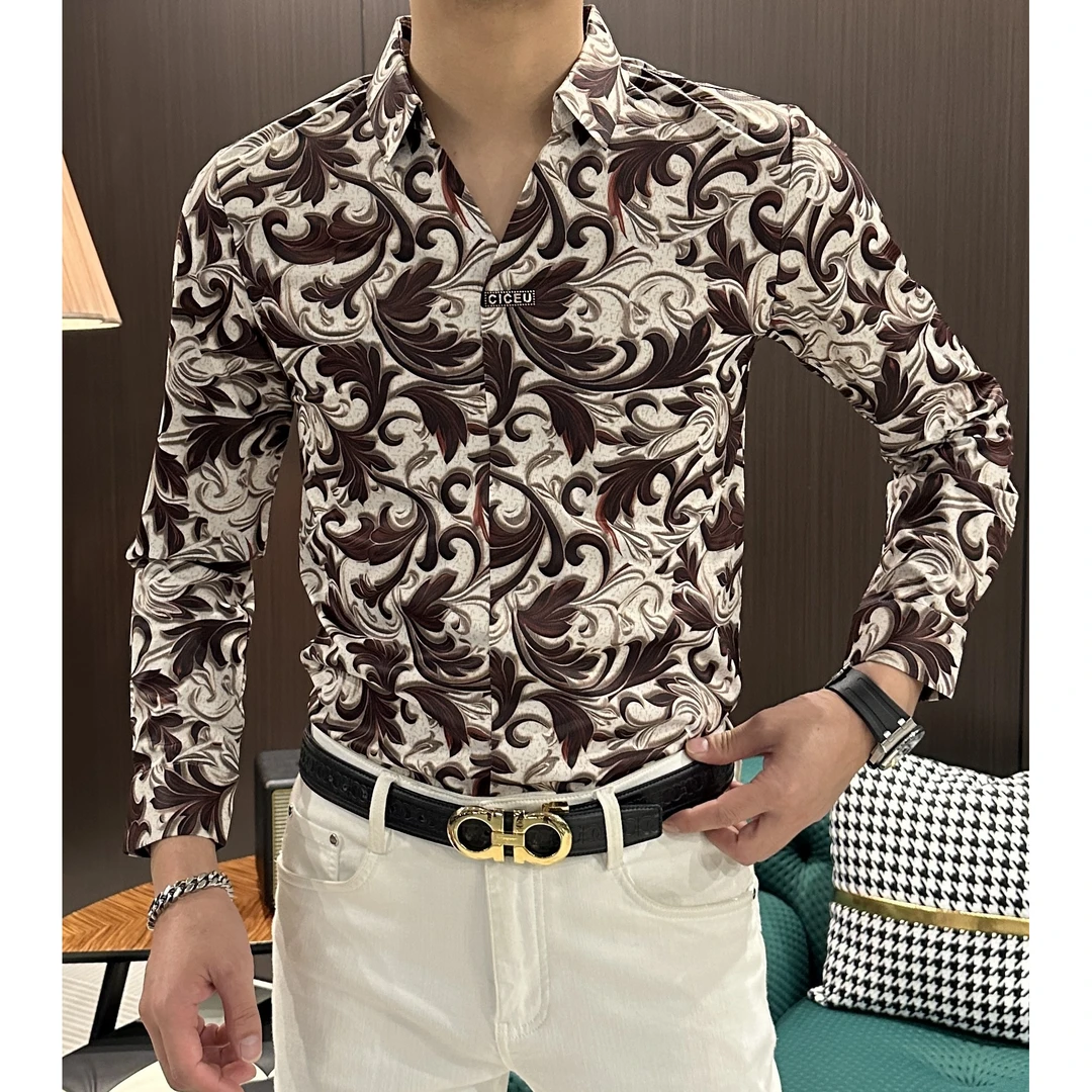 【恬硕男装】2025春款新款经典宫廷风图案 V领修身时尚长袖衬衫
