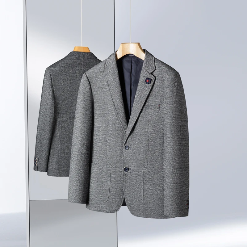 绵羊毛混纺花纹休闲西服外套轻奢韩版西服时尚帅气男士小单西外套