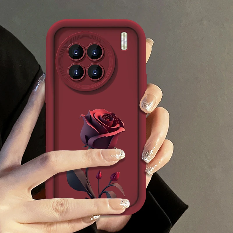 适用vivo X90/X90Pro暗红玫瑰手机壳vivo X90S全包硅胶防摔女款