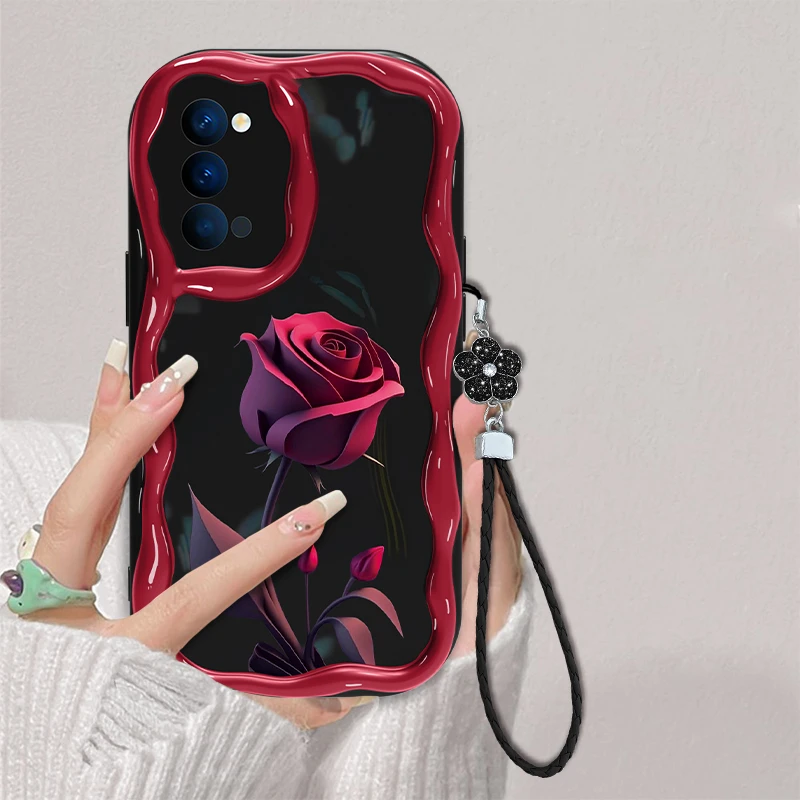 适用于OPPO Reno5Pro暗红玫瑰手机壳奶油全包硅胶软壳女款防摔ins