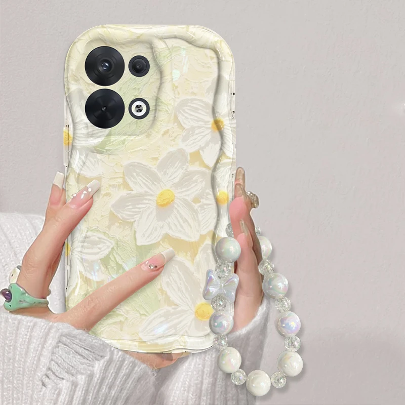 适用于OPPO Reno9油画白花手机壳奶油创意全包硅胶防摔软壳女款
