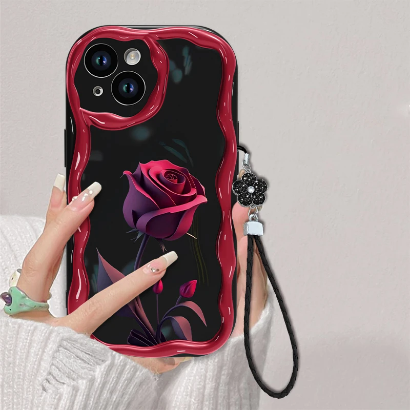 适用于苹果14暗红玫瑰手机壳iPhone14奶油全包硅胶女款防摔软壳