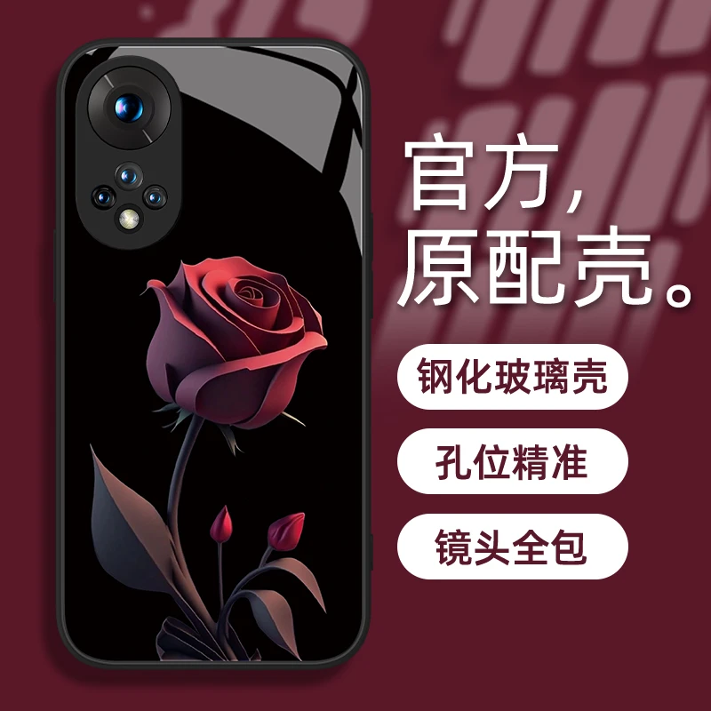 适用于华为荣耀50暗红玫瑰手机壳钢化玻璃网红创意全包简约防摔女