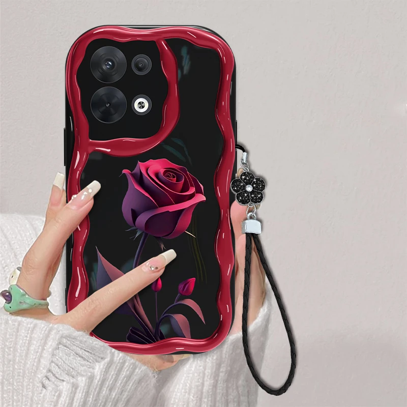 适用于OPPO Reno8暗红玫瑰手机壳创意奶油全包硅胶女款防摔软壳