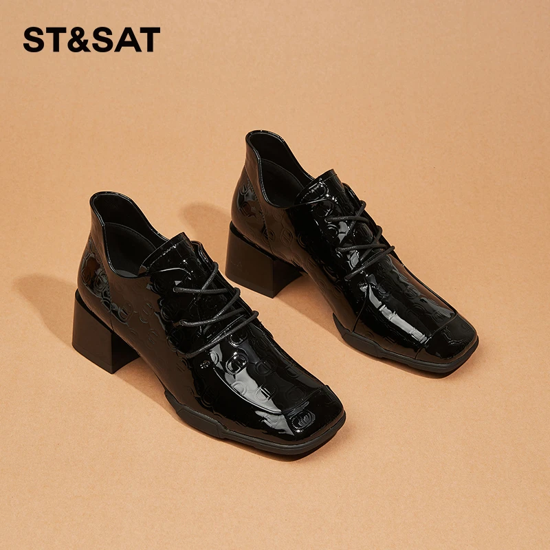 星期六女鞋方头系带单鞋女2025年秋季新款深口漆皮高跟真皮小皮鞋