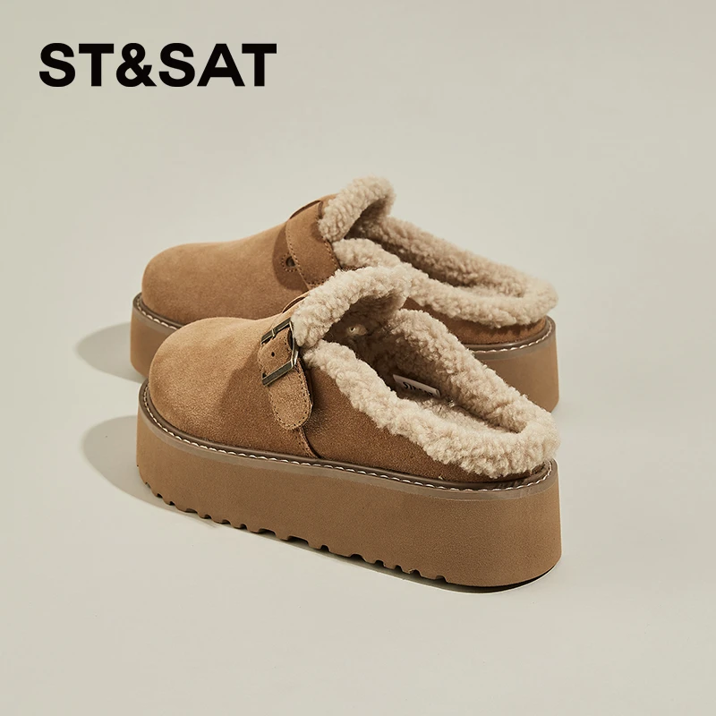 星期六高级感外穿真皮毛毛半拖鞋女2025新款秋冬加绒厚底包头棉拖