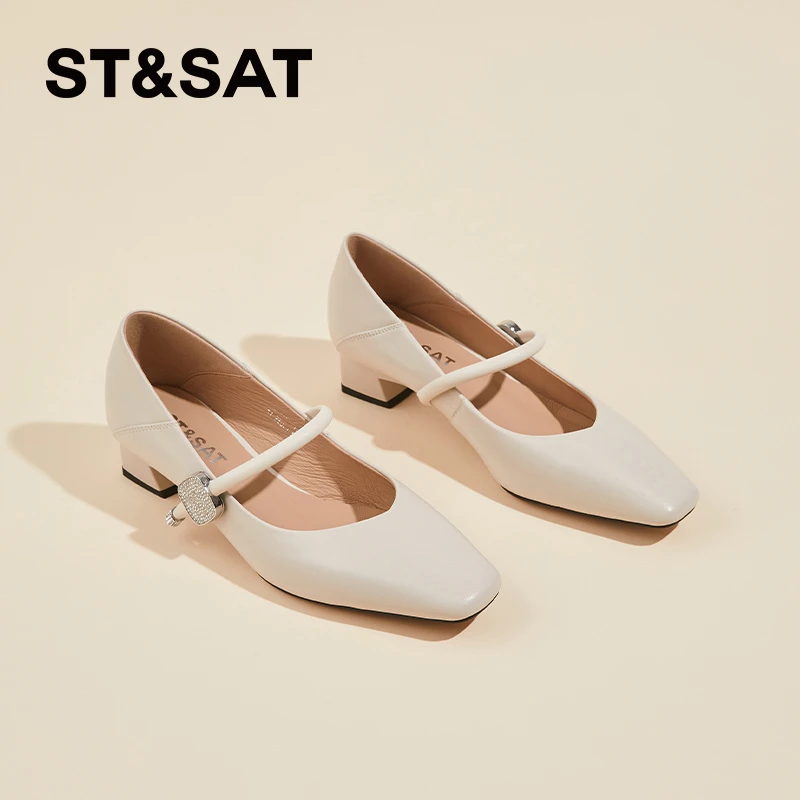 星期六舒适羊皮浅口小皮鞋女秋季真皮一字带玛丽珍通勤单鞋夏季款