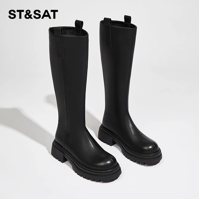 星期六长筒靴女2025年春秋新款厚底高筒骑士靴圆头潮流显瘦长靴子