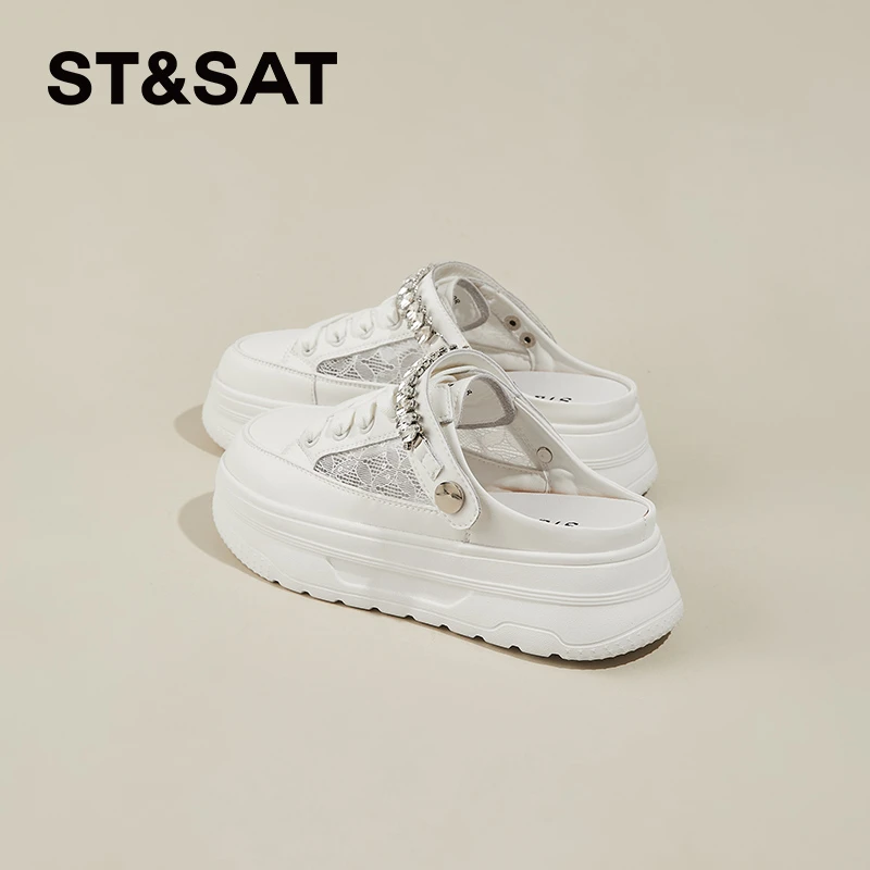 星期六真皮包头半拖鞋女2025秋新款爆款百搭一脚蹬厚底松糕小白鞋