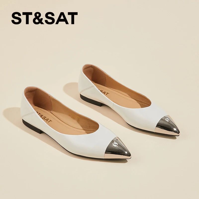 星期六浅口尖头平底单鞋女款软皮金属头优雅奶奶鞋一脚蹬软底瓢鞋