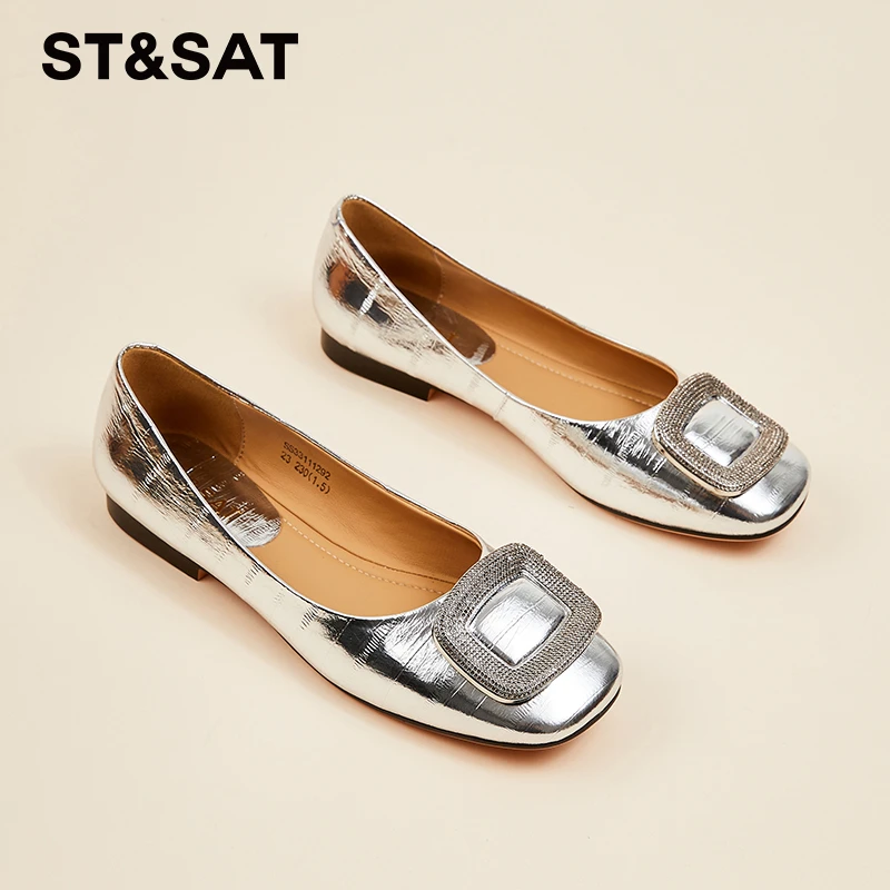 星期六尤莱特法式真皮银色单鞋女浅口婚鞋小香风瓢鞋软底小皮鞋