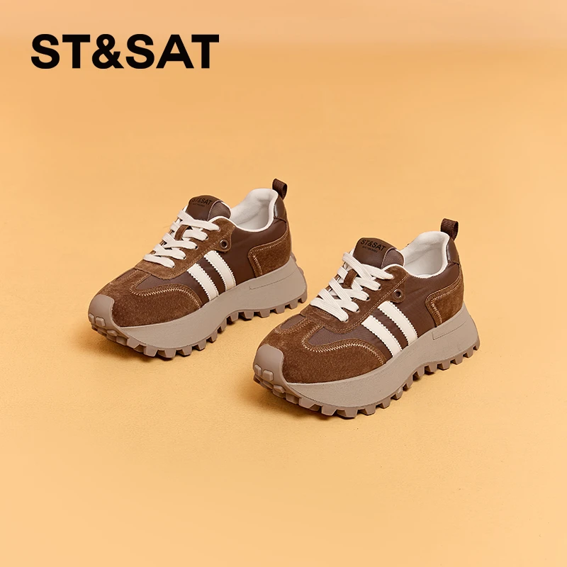星期六棕色小蛮腰老爹鞋女秋季复古舒适德训鞋轻便厚底真皮运动鞋