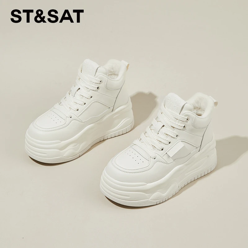 星期六厚底熊猫板鞋女秋冬2025新款高帮加绒小白鞋增高白色运动鞋